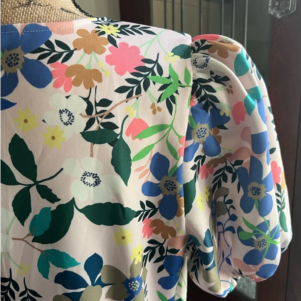Eloquii Floral Scuba Puff Sleeve Fit Flare Dress Pink Size 16 NWT - Picture 7 of 16